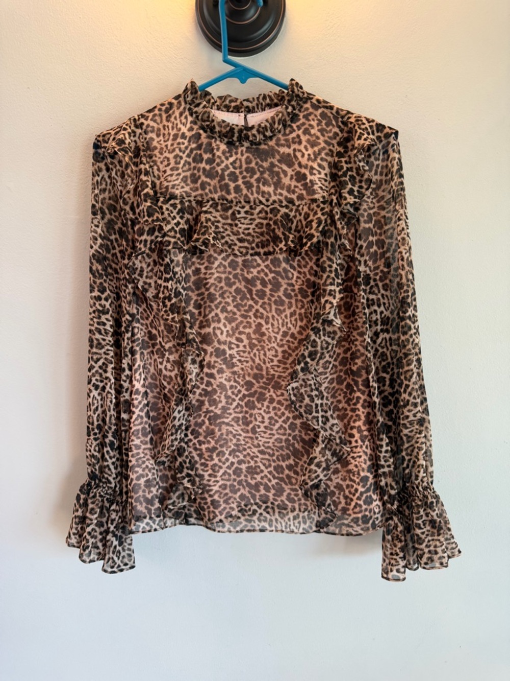 Rachel Parcell Leopard Print Ruffle High Neck Sheer Blouse Brown‎ Tan Small